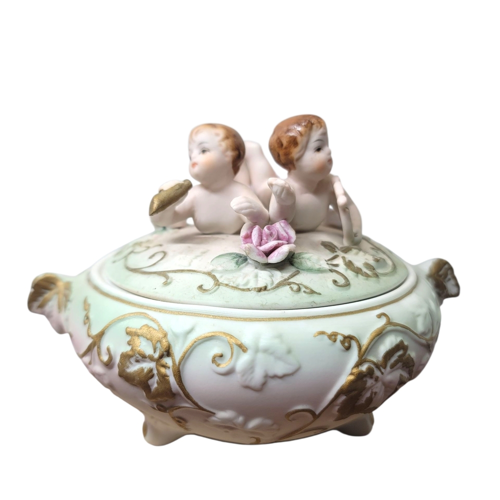 Vintage Norleans Japan Cherub Porcelain Covered Trinket Box